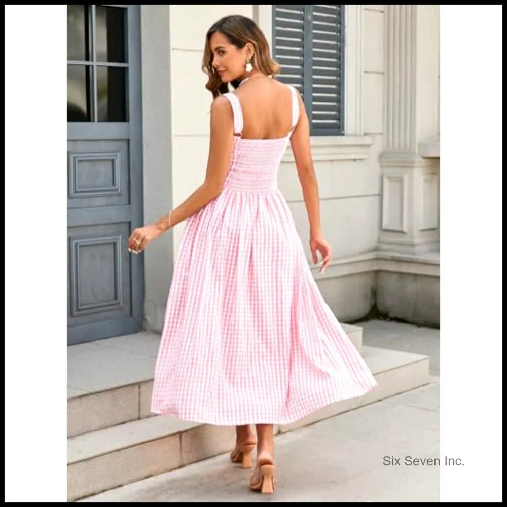 Summer Corset Midi Dress Flowy Square Neck Sleeveless Lace Wedding Guest - Picture 4 of 7